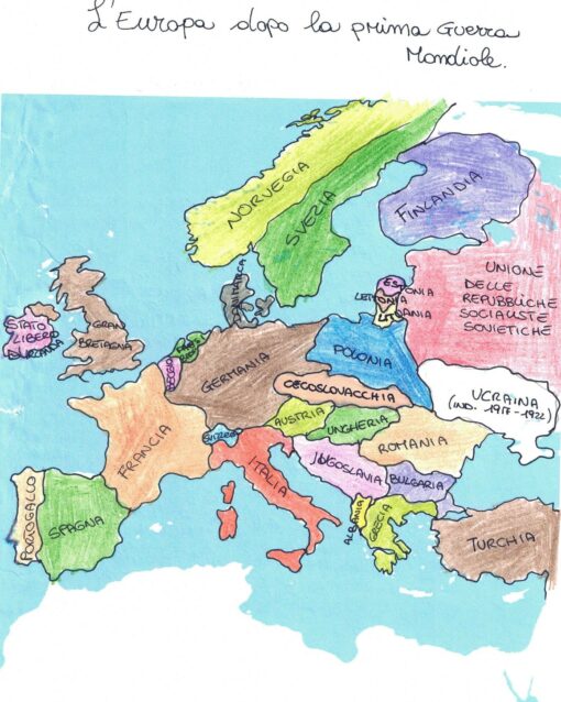 L'Europa dopo la Grande Guerra, disegnata a mano, partendo da una carta muta.